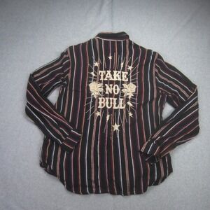 Rock & Roll Cowgirl Shirt Womens Large Take No Bull Striped Western Button Up